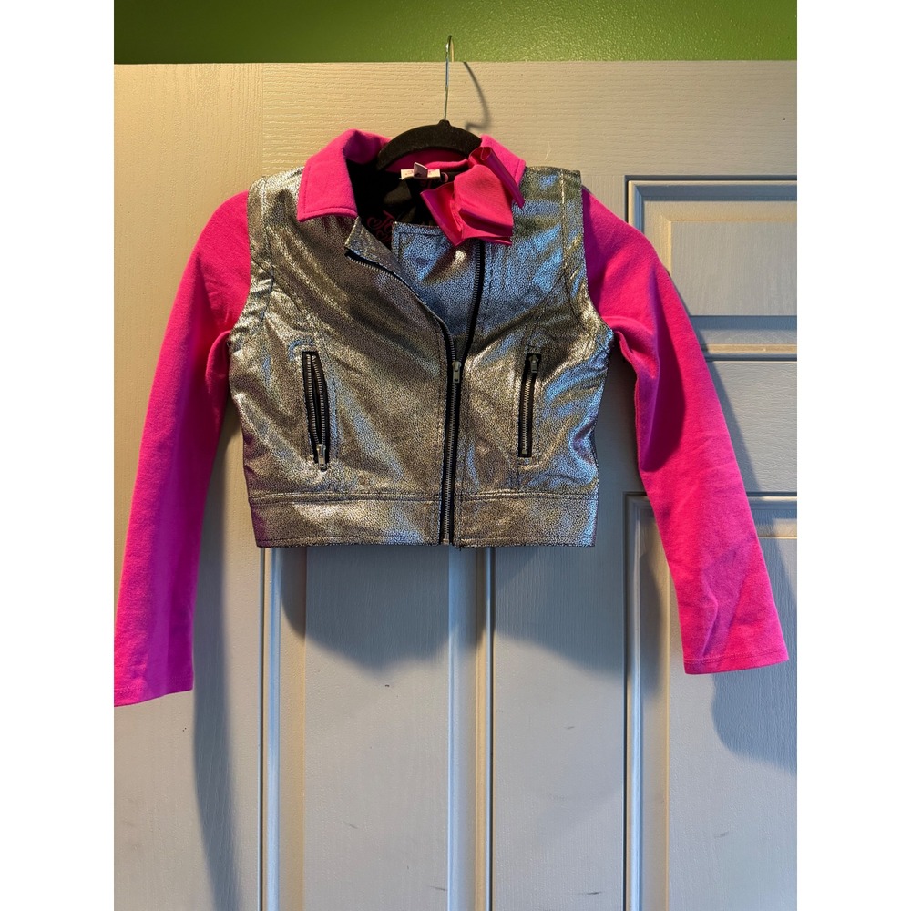 JoJo Siwa Girls Metallic Silver Faux‎ Leather Moto Jacket Pink Sleeves Bow XS